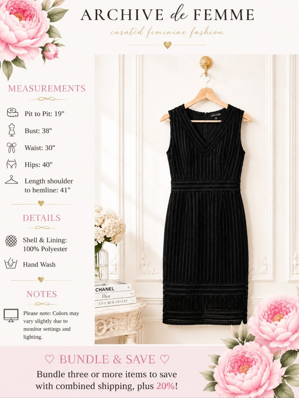 Cloth & People Black Lace Midi Dress Sleeveless V Neck Romantic | Size: M - Picture 8 of 11